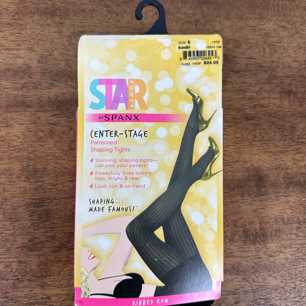 NEW Star Power SPANX Center Stage Patterned Shaping Tights Black Ribbed Row Sz E